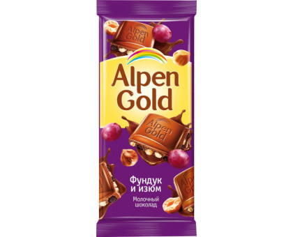 Шоколад Alpen Gold молочный, орех и изюм, 85г